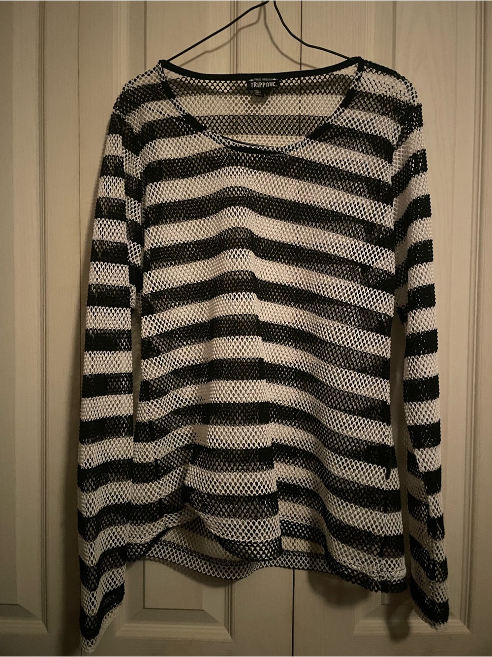 XL Tripp NYC Black & White Striped Open-Weave Sweater